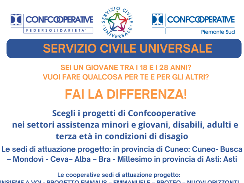 Servizio Civile: 15 posti disponibili in provincia di Cuneo ed Asti nel mondo della cooperazione